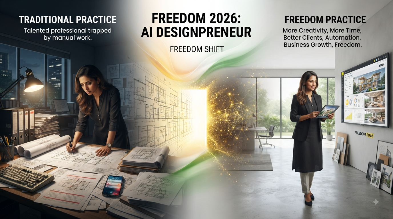 Freedom 2026 AI Designpreneur: traditional practice trapped by manual work versus a freedom practice powered by AI